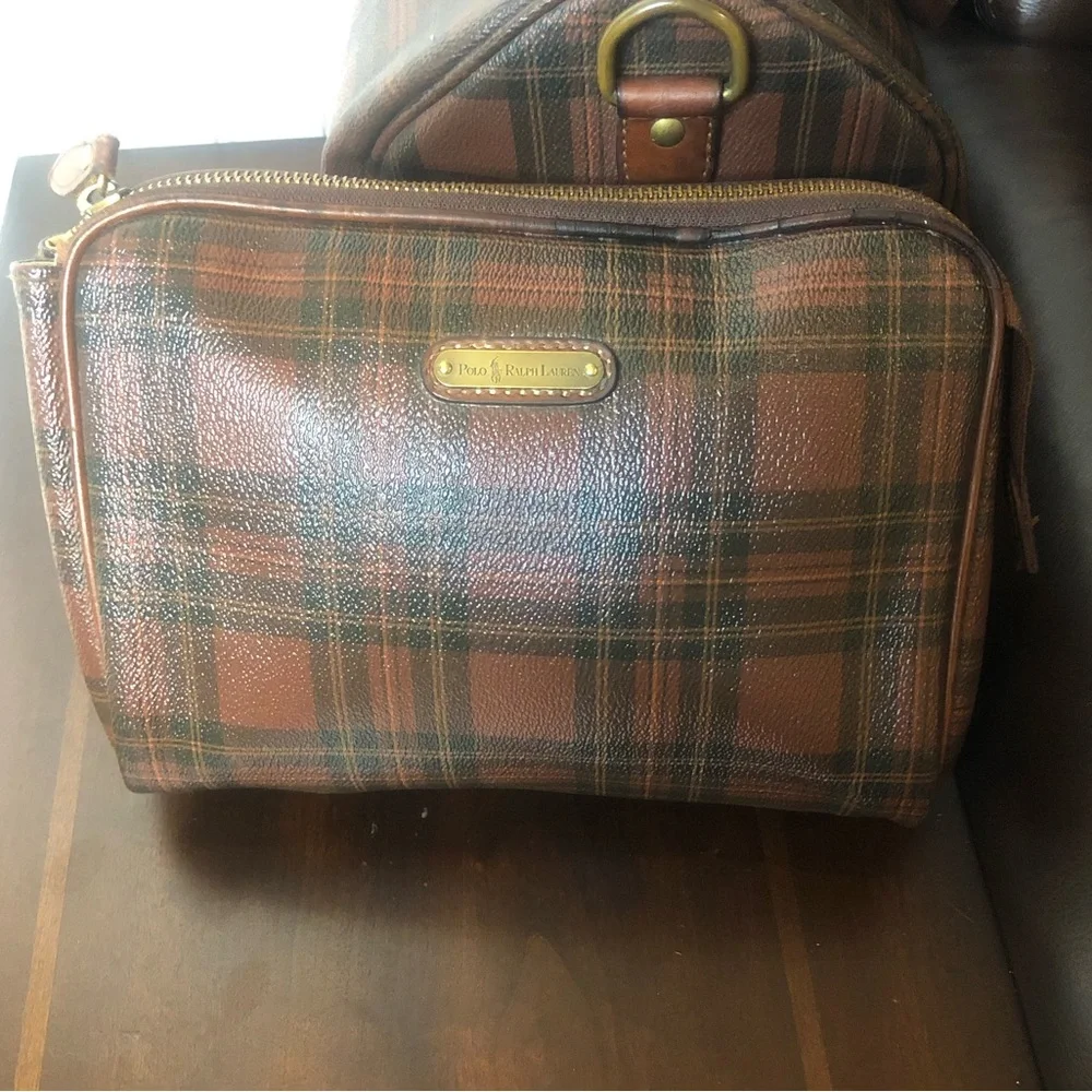 RALPH LAUREN Tartan Plaid Top Zipper Clutch Makeup Toiletry Bag Vintage
